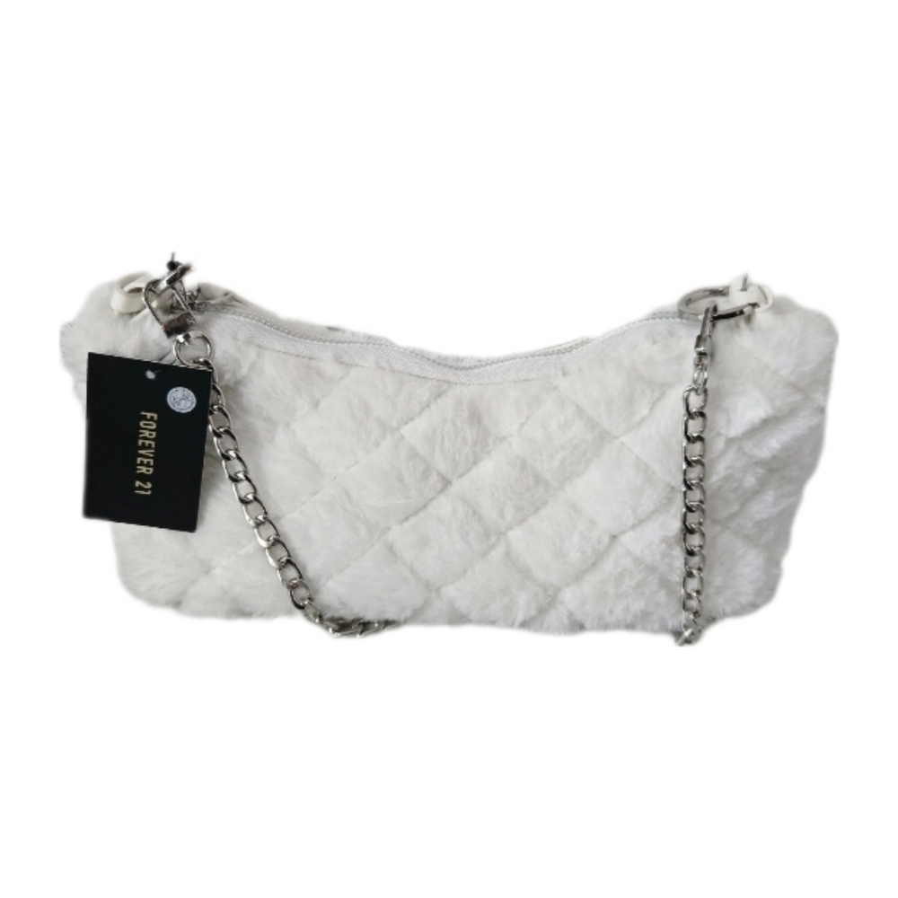 Forever 21 White Faux Fur Quilted Shoulder Bag Silver Chain Purse NWT